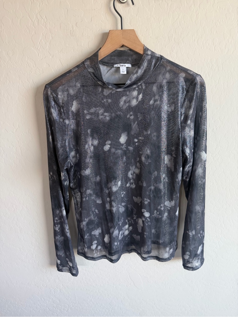 bar III Black & Gray Sheer Long-Sleeve Mock Neck Mesh Metallic L Celestial Goth